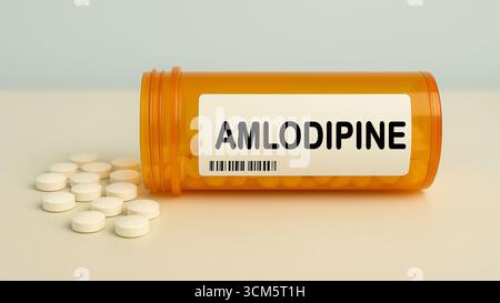 Scatola di compresse di AMLODIPINA su un tavolo della farmacia dell'ospedale usato per trattare la pressione alta e l'angina un bloccante dei canali del calcio. Foto Stock