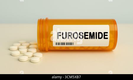 Scatola di compresse di FUROSEMIDE su un tavolo della farmacia ospedaliera usato per trattare l'edema e l'ipertensione un diuretico loop. Foto Stock