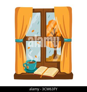 Finestra autunnale in legno con tende, tazza da tè e libro aperto. Illustrazione isolata Cartoon Vector su sfondo bianco. Illustrazione Vettoriale