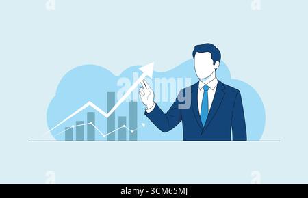 Uomo d'affari che analizza il grafico di crescita finanziaria con frecce di tendenza verso l'alto e grafico a barre per il vettore di successo Illustrazione Vettoriale