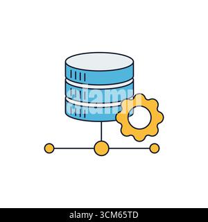 Icona piatta colorata che rappresenta l'elaborazione e la gestione dei dati con il vettore dei simboli del database e degli ingranaggi Illustrazione Vettoriale