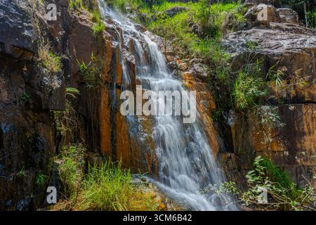 L'acqua scorre sulle scogliere rocciose circondate dal verde della cascata Datanla a da Lat, provincia di Lam Dong, Vietnam. Foto Stock