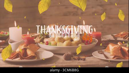 Immagine del testo del giorno del ringraziamento sulla cena di tacchino e sullo sfondo delle foglie d'autunno Foto Stock