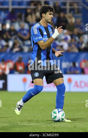 Montreal, Canada. 13 settembre 2025. Efraín Morales n. 24 del CF Montreal Impact controlla la palla durante la partita di calcio della Major League tra il CF Montréal Impact e il St. Louis City SC allo stadio saputo. Il 13 settembre 2025 a Montreal, Canada. (Foto di Horacio Zamora Rios/ credito: Eyepix Group/Alamy Live News Foto Stock
