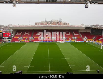 Bristol, Regno Unito. 14 agosto 2025. Stadio vuoto prima della partita di Coppa del mondo di rugby Inghilterra contro Scozia all'Ashton Gate Stadium. SOLO PER USO EDITORIALE. NON PER USO COMMERCIALE. Bristol, Regno Unito © ️ crediti: Elsie Kibue/Alamy Live News Foto Stock