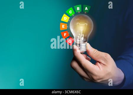 Primo piano di una lampadina a incandescenza con tabella di efficienza energetica da A a G. concetto di energia rinnovabile, sostenibilità, elettricità Foto Stock