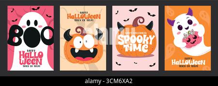 Buon Halloween e Trick or Treat Greeting testo clipart set. Halloween personaggi carini e spaventosi come la zucca del diavolo e il fantasma in colorato Illustrazione Vettoriale