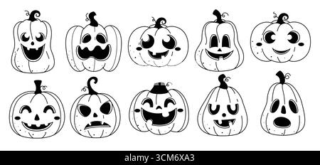 Contorno della zucca con il set di clipart. Personaggi icona zucche di Halloween clip art in una collezione in bianco e nero dalle linee doodle con simpatiche, spaventose e divertenti Illustrazione Vettoriale