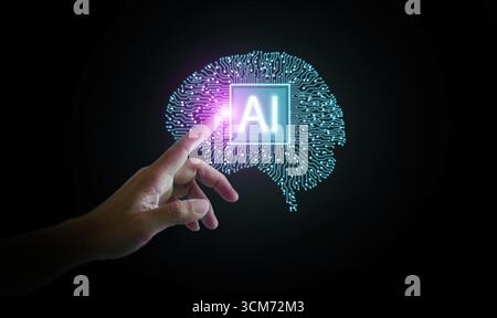 Concetto futuristico di intelligenza artificiale con il dito umano che punta all'ologramma digitale luminoso del cervello, simboleggia il deep learning, l'automazione e. Foto Stock