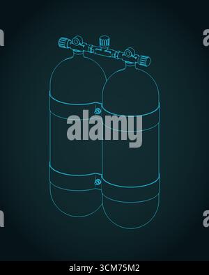 Bombole di ossigeno per l'illustrazione vettoriale stilizzata del progetto isometrico di immersione Illustrazione Vettoriale