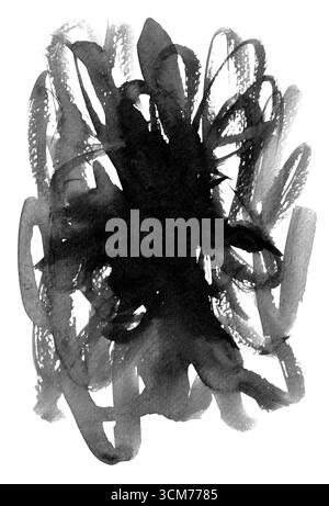 Inchiostro astratto su sfondo bianco, con tratti in tonalità di nero e grigio. Schema dinamico ed espressivo simile a fiori, burst o fuochi d'artificio. Emozioni, stress, arte terapia Foto Stock