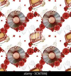 Simbolo della rivoluzione del garofano del disco in vinile con vecchia etichetta, fiori di garofano rossi, stand musicale con note stilizzate di colore beige, vintage, nostalgico Foto Stock