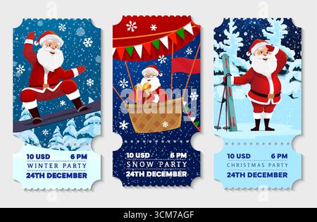 Biglietti d'ingresso per la festa di Natale o buoni d'invito con i personaggi di Babbo Natale, evento vettoriale natalizio. Cartoni animati Babbo Natale con sci, snowboard e mongolfiera, biglietti per la festa di Natale Illustrazione Vettoriale