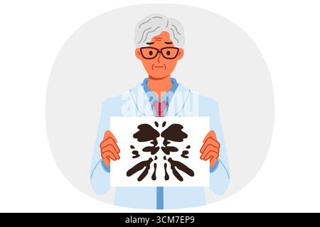 Lo psicoterapeuta utilizza il test di rorschach per controllare la salute mentale della persona e identificare i problemi mentali Illustrazione Vettoriale