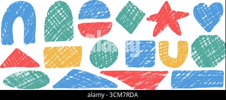 Set di forme geometriche Crayon Kids. Cornici di caselle di testo colorate ingenue. Figure ad arco, semicerchi e triangoli. Forme degli adesivi disegnati a mano vettoriale. Fatto a mano Illustrazione Vettoriale