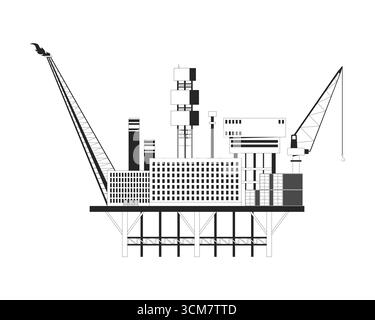Piattaforma per piattaforme petrolifere offshore con attrezzatura oggetto linea 2D. Illustrazione Vettoriale