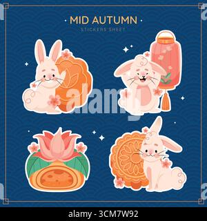 Adesivo piatto per il Festival di metà autunno con set di conigli Illustrazione Vettoriale