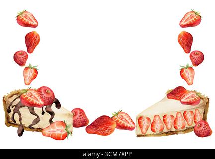 Soufflé cremoso di cheesecake con fragole lucide, gocciolatoio di sciroppo di cioccolato al ganache, frutti di bosco freschi nell'illustrazione ad angolo. Verniciato a mano Foto Stock