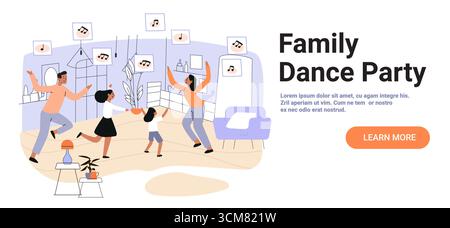 Festa di ballo in famiglia celebrazione del soggiorno genitori bambini che ballano insieme note musicali interni moderni colori pastello banner sito web Illustrazione Vettoriale