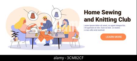 Cucire le persone del club che lavorano a maglia insieme a casa interni accoglienti utilizzando macchine da cucire fili colorati lavoro di squadra hobby attività creativa moderna Illustrazione Vettoriale