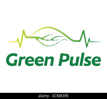 Questo logo rappresenta un'azienda denominata Green Pulse. Utilizza una linea di foglie e battito cardiaco per simboleggiare la salute, la natura e la vitalità. E' moderno, pulito Illustrazione Vettoriale