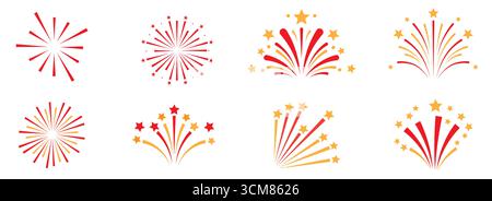 Serie di illustrazioni vettoriali dei fuochi d'artificio. Illustrazione piatta su sfondo bianco. Illustrazione Vettoriale