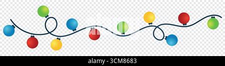 Luci natalizie isolate su sfondo bianco. Decorazioni natalizie garland di colorate luci natalizie. Grafica vettoriale. Illustrazione Vettoriale