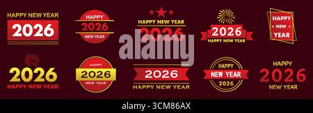Set di loghi testuali colorati con l'iscrizione Happy New Year 2026 . Modello di progettazione con numeri 2026. Set di simboli felice anno nuovo 2026 . Vettore i Illustrazione Vettoriale