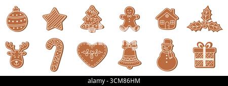 Set di pan di zenzero di Natale. Icone, scarabocchi. Biscotti tradizionali di Natale. Illustrazione vettoriale isolata su sfondo bianco Illustrazione Vettoriale