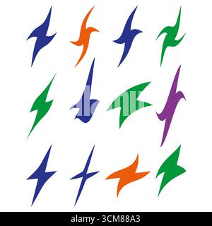 Fulmini colorati. Simbolo del tuono elettrico. Elemento flash dinamico. Illustrazione della velocità vettoriale. EPS 10. Illustrazione Vettoriale