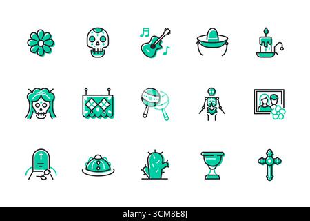 Dia de los Muertos - serie di icone di stile design di linea Illustrazione Vettoriale
