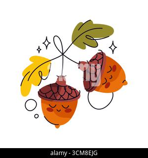 Poster vettoriale autunnale con facce e foglie di ghianda. Cartello delle vacanze autunnali o cartellone del raccolto stagionale. Vegetazione forestale, seme di quercia, emblema della pianta. Allegra mascotte per il biglietto d'auguri in legno. Natura Illustrazione Vettoriale