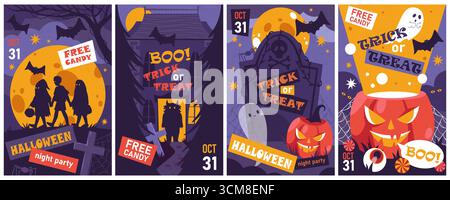 Set di banner per la festa della notte di Halloween. Volantino di invito vettoriale per la celebrazione dell'evento horror autunnale. Poster di annuncio per le vacanze horror e spaventose con zucca o jack o lanterna. Illustrazione Vettoriale