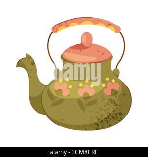 Teiera o tè, bollitore per caffè. Apparecchio da cucina Vector vintage per preparare calde bevande autunnali. Elemento interno per la casa o per la cucina, l'ebollizione e il versamento. Icona colazione e mattina. Liquido. Illustrazione Vettoriale