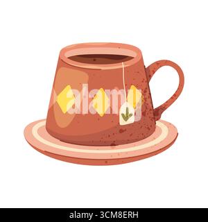Bevanda calda a base di tè in tazza o tazza. Bevanda calda mattutina isolata dal vettore con erbe profumate. Caffè nero o verde per caffè o casa. Elemento relax e pausa. Liquido stagionale, invernale e autunnale. Illustrazione Vettoriale