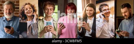 Collage di gruppo di persone che utilizzano smartphone con espressioni felici e mirate in ambienti misti Foto Stock