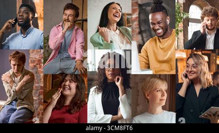 Collage di persone diverse con emozioni miste ridendo, sorridendo, triste e serio in stile ritratto Foto Stock