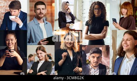 Collage di professionisti diversi con espressioni neutre e sicure negli stili aziendali e casual Foto Stock