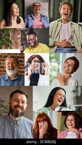 Collage verticale di persone diverse che ridono con emozioni gioiose in ambienti casual e professionali Foto Stock