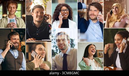 Collage luminoso di persone diverse che utilizzano smartphone con espressioni emozionanti e allegre in contesti misti Foto Stock