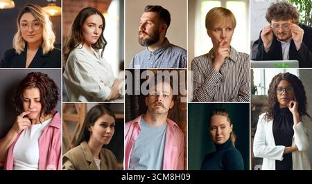 Collage di professionisti diversi con espressioni ponderate e serie nei ritratti sul luogo di lavoro Foto Stock
