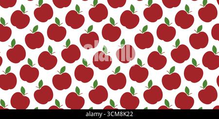 Mela rossa con motivo senza cuciture a foglia verde formato banner Autunno stagionale o sfondo tema Mietitura. Illustrazione vettore isolato raccolta autunnale o cibo sano etichetta banner tematica invito festa in stagno Illustrazione Vettoriale