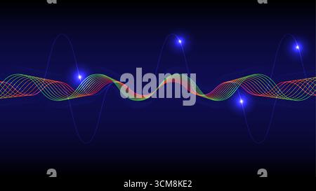 Spettro delle onde sonore digitali astratte nei colori rosso, verde e blu che si illuminano su sfondo scuro, illustrazione vettoriale Illustrazione Vettoriale