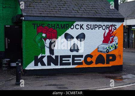 Belfast, Regno Unito. 15/09/2025. Mural allo Shamrock Bar di Ardoyne sostiene il gruppo rap irlandese Kneecap nel corso del caso legale che coinvolge il membro Liam Óg Ó hAnnaidh (Mo Chara). Ó hAnnaidh sta affrontando accuse legate al terrorismo; i suoi procedimenti giudiziari continuano a richiamare l'attenzione dell'opinione pubblica man mano che si intensificano i dibattiti sulla libertà artistica e l'espressione politica. Murale con pugno nei colori della bandiera della Palestina e un ardente PSNI landrover. Crediti: HeadlineX/Alamy Live News Foto Stock