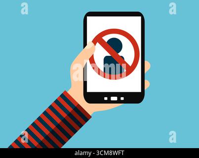 Mano con lo smartphone: Blocco, eliminazione o segnalazione di una persona o di un utente - design piatto Foto Stock