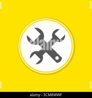 Banner su sfondo giallo con l'icona dello strumento in cerchio bianco come segno per l'officina, l'assistenza, la riparazione Foto Stock