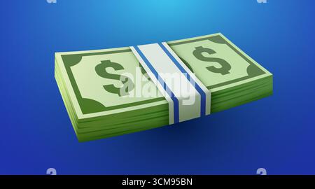Pacchetto di valuta verde. Stack di rendering 3D in dollari USA. Banconota in dollari in stile cartoni animati isolata. Illustrazione vettoriale Illustrazione Vettoriale
