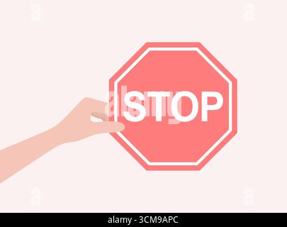 Mano umana che tiene il cartello rosso di stop. Illustrazione vettoriale piatta Illustrazione Vettoriale