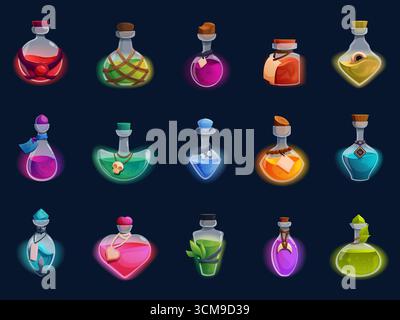 Fiale in vetro per pozione strega. Bottiglie di veleno da gioco, liquidi magici. Bottiglia vintage con etichette ossa teschi, decorazione halloween, set vettoriale sapid o Illustrazione Vettoriale