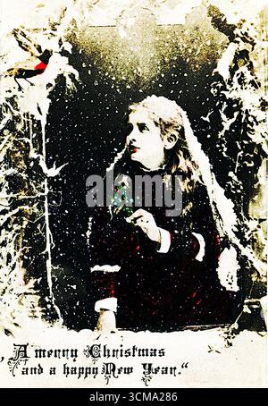 Una giovane figura in un cappotto rosso profondo rivestito di bianco regge un rametto di agrifoglio su uno sfondo innevato. Un uccello rosso poggia sui rami smerigliati nelle vicinanze. I toni seppia e la delicata composizione evocano il calore edoardiano e l'allegria stagionale. Pubblicato da William Luks, Londra, questo biglietto festeggia Natale e Capodanno con eleganza tranquilla. Da un biglietto di auguri edoardiano originale. Foto Stock